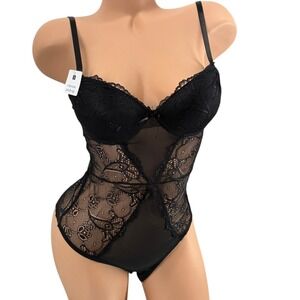 Frederick's of Hollywood Dina Black Lace Teddy Bodysuit Extreme Push Up S NWT